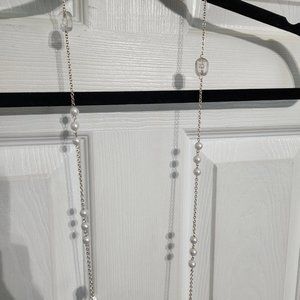 Long strand beaded necklace pearl crystal silver chain